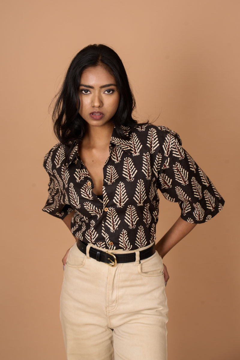 Leaf Hand Block Fabric Collar Shirt Tucked In - Women
