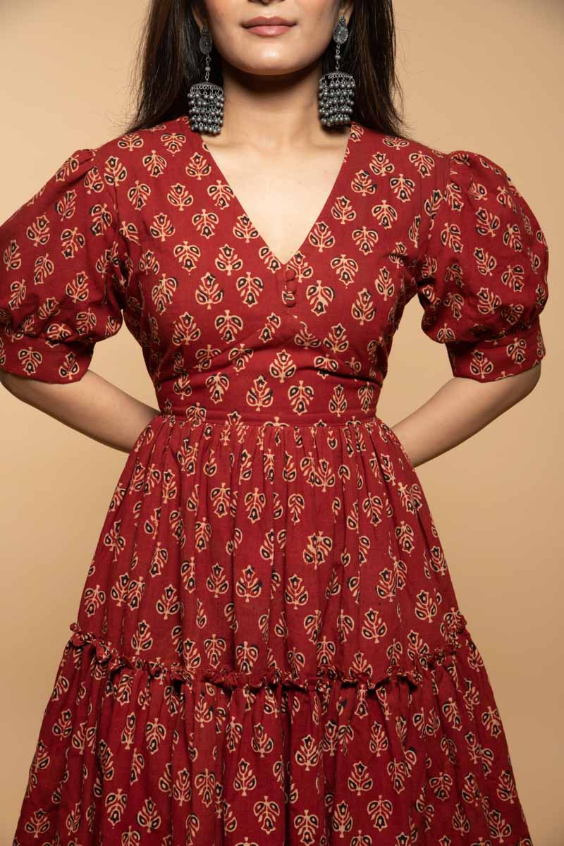 Bela - Puff Sleeve Tiered dress with Butta block design - Close Up