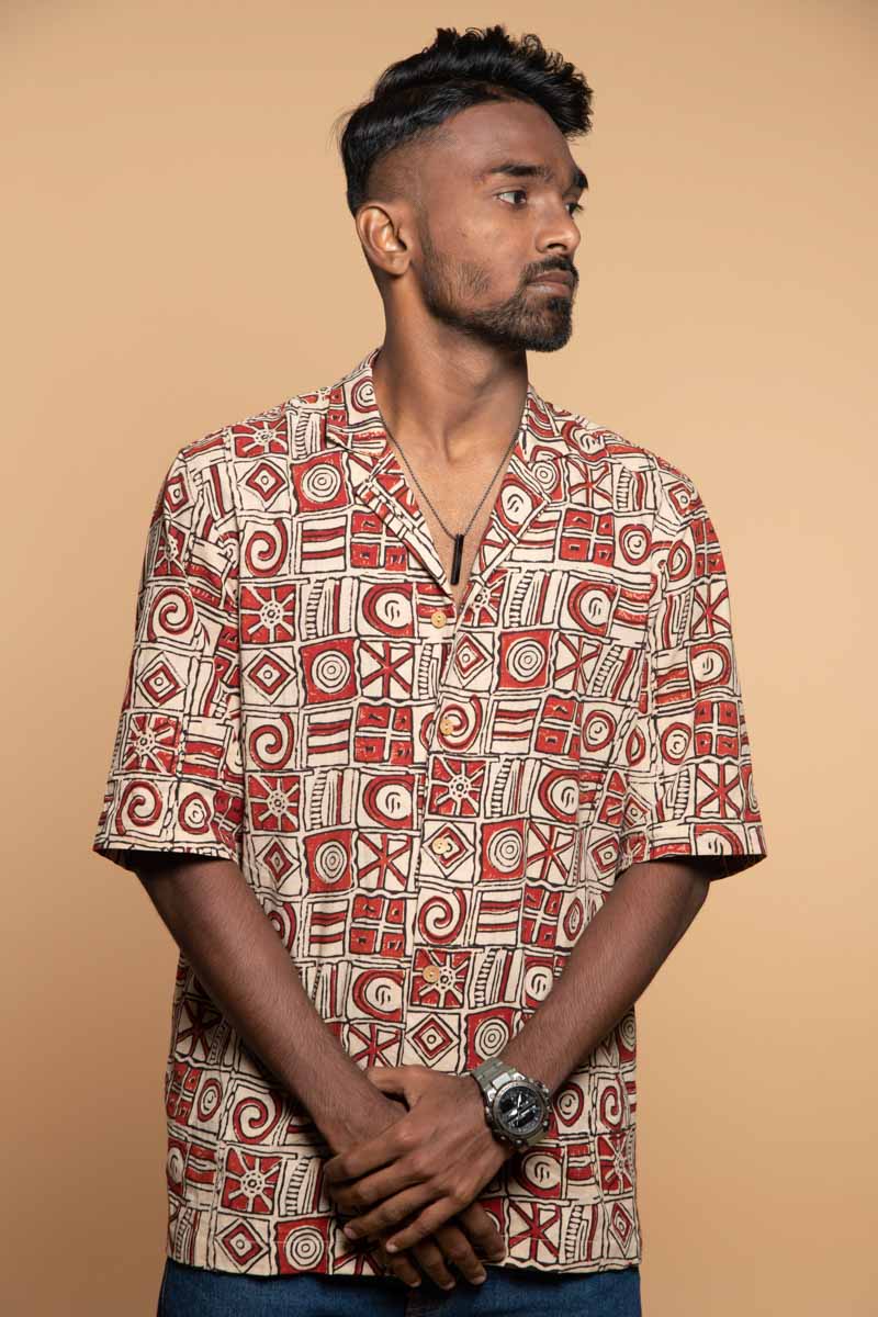 Cuban Collar Shirt with Hand Block Fabric