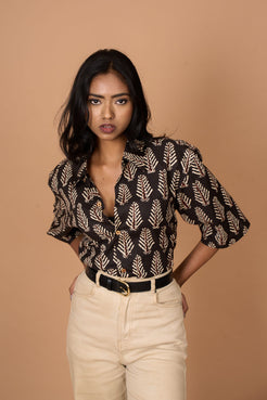 Leaf Hand Block Fabric Collar Shirt Tucked In - Women