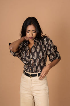Leaf Block Fabric Collar Shirt tucked in