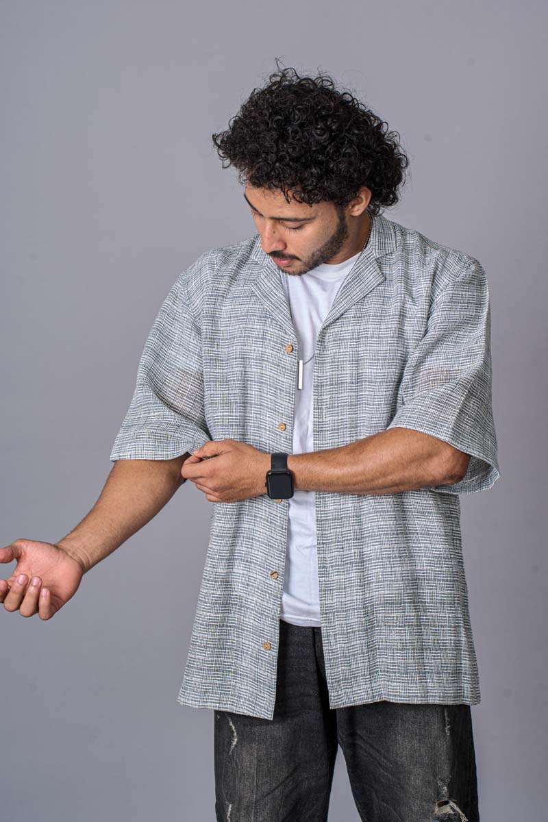 Ruksh: Jute Cotton Stone Grey Shirt worn as a jacket