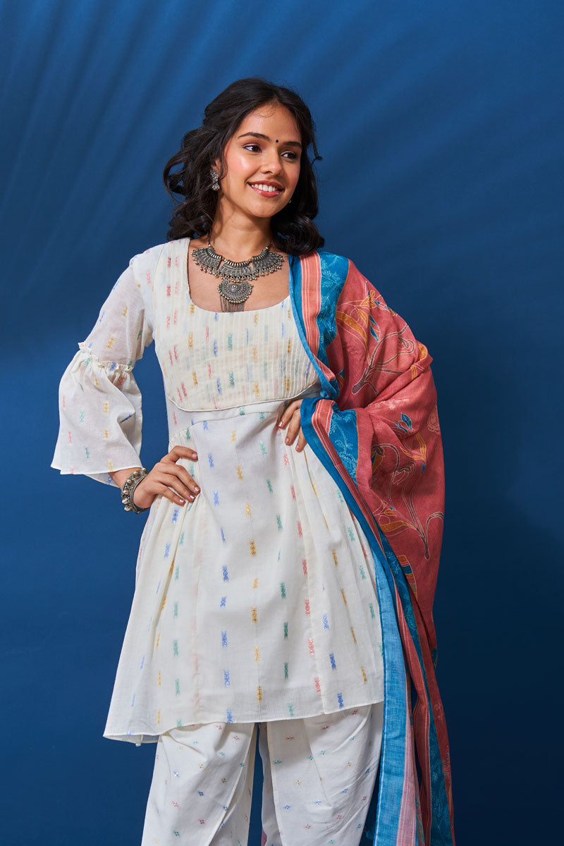 Off-white peplum dhoti set with dupatta