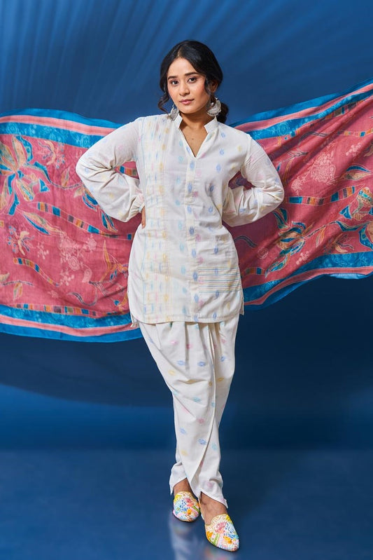 Tajya,  Off-white short kurti set  with dupatta