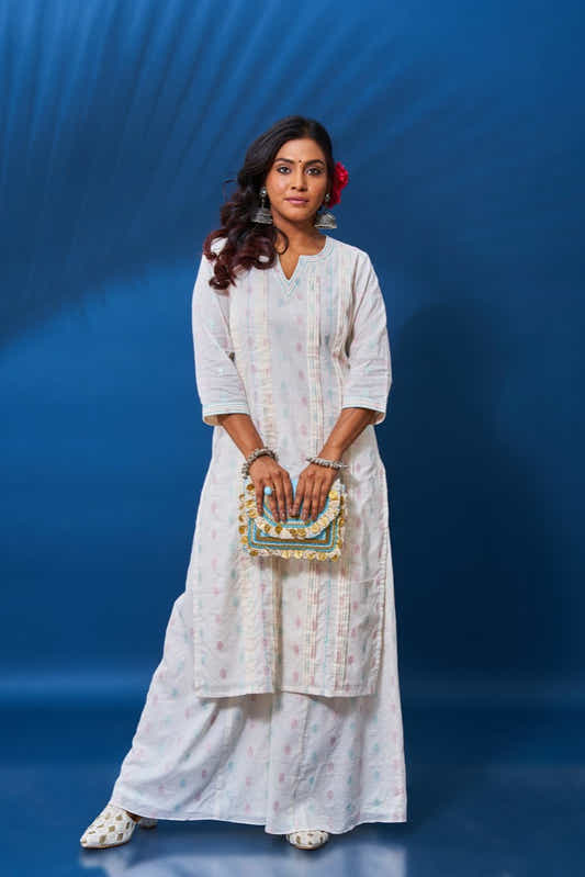 Varsha off-white cotton kurti palazzo set with Kantha embroidery 