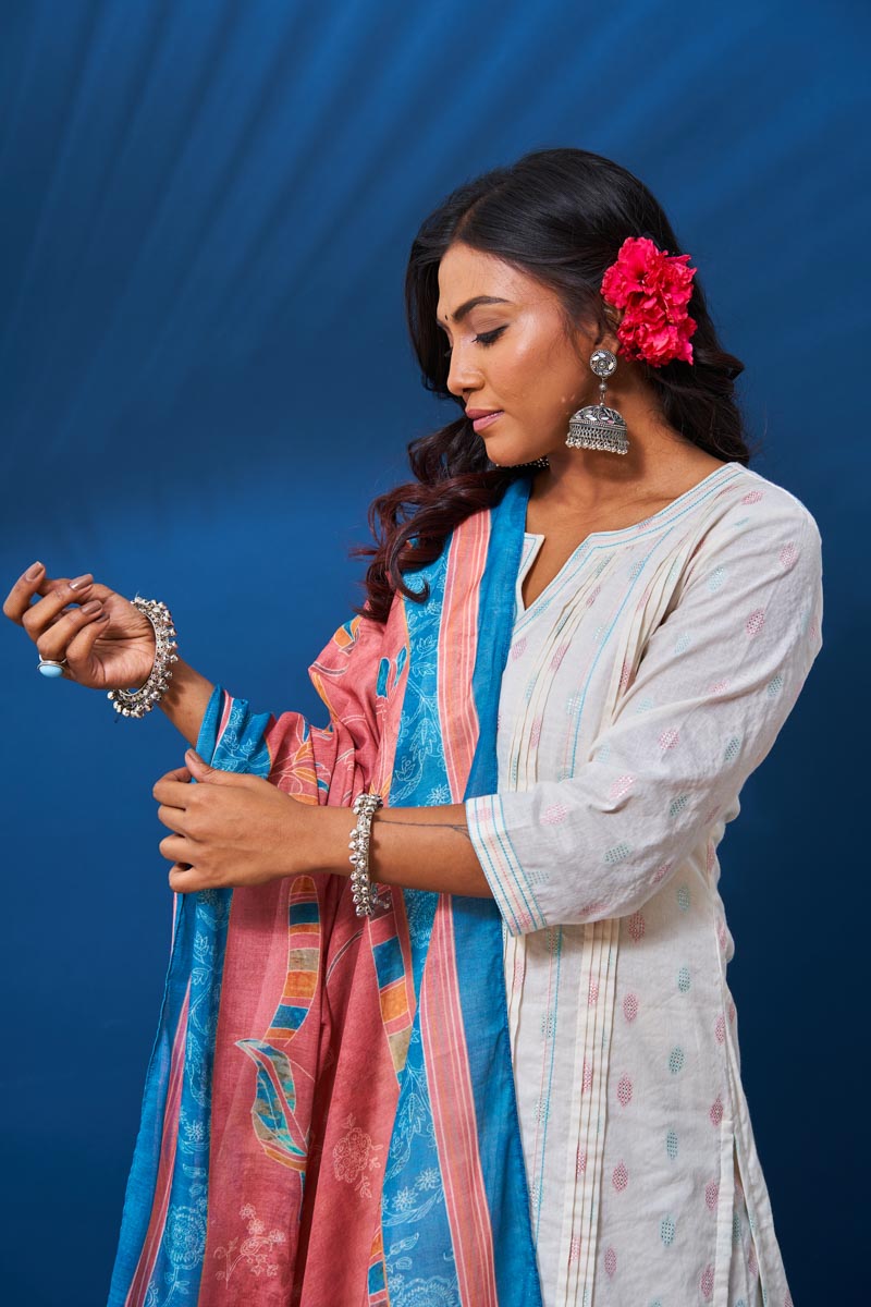 Off-white long kurti set with dupatta