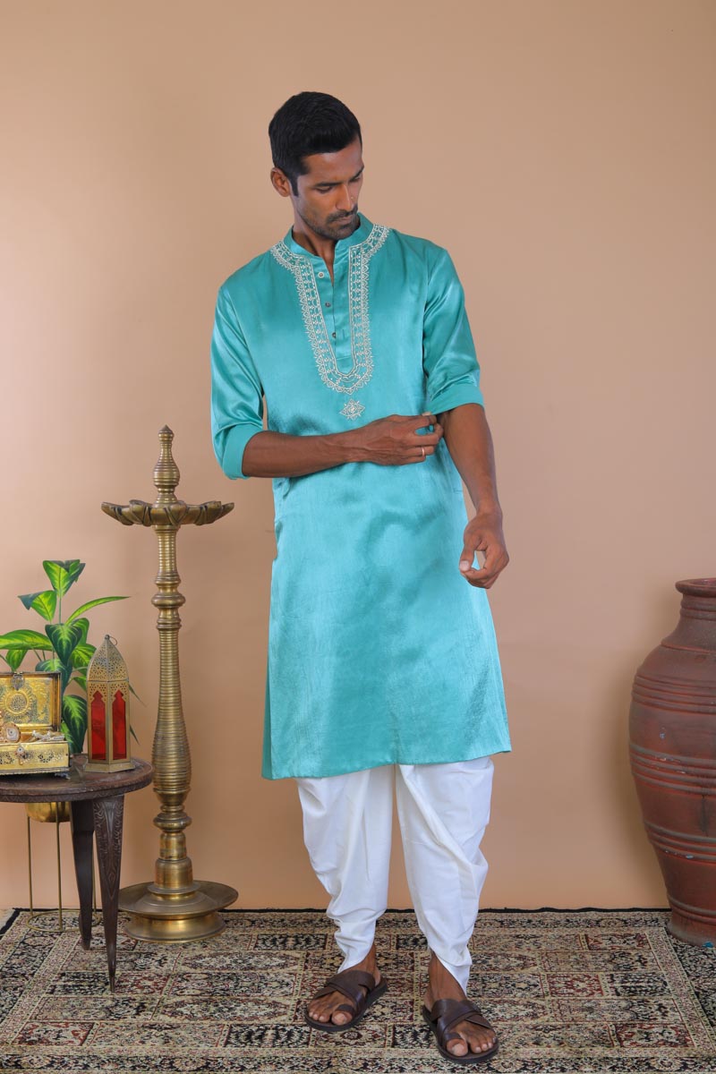 Men's traditional peacock kurta  set with white dupatta
