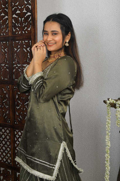 Olive Strappy Indian Traditional Outfit with a soothing embroidery