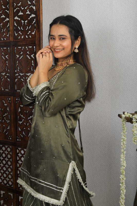 Olive Strappy Indian Traditional Outfit with a soothing embroidery