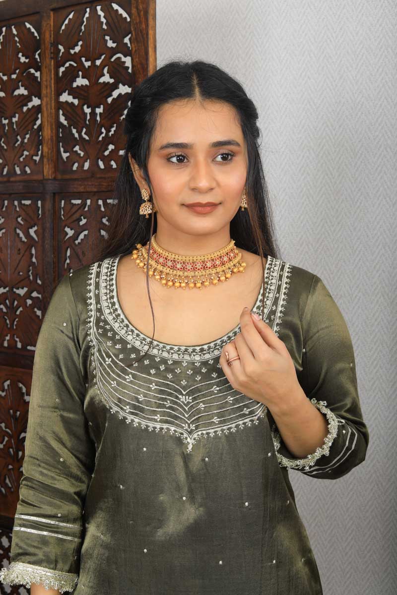 Olive Strappy Indian Traditional Short Kurta set with a hand embroidery