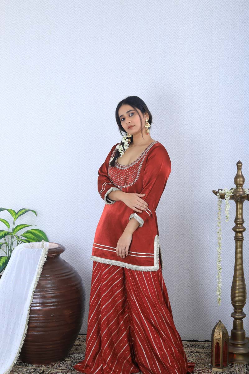 Maroon Short Indian Traditional Kurta Set with a maroon strappy palazzo