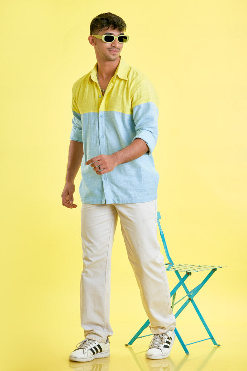 Bright yellow and blue patchwork shirt 