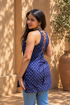 Jiva-blue dress with pink floral pattern worn by a person, standing outdoors.